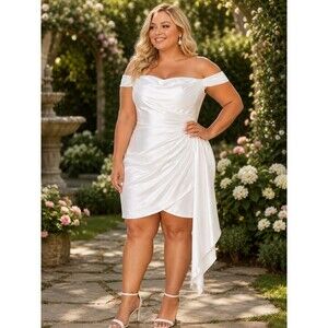 KissProm Zephyra Sheath Off Shoulder Satin White Mini Dress Sz 18 Bridal Wedding